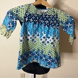 Hanna Anderson Kids Blue/Green Floral Print Ruffle Bell Sleeve Cotton Dress Sz 4